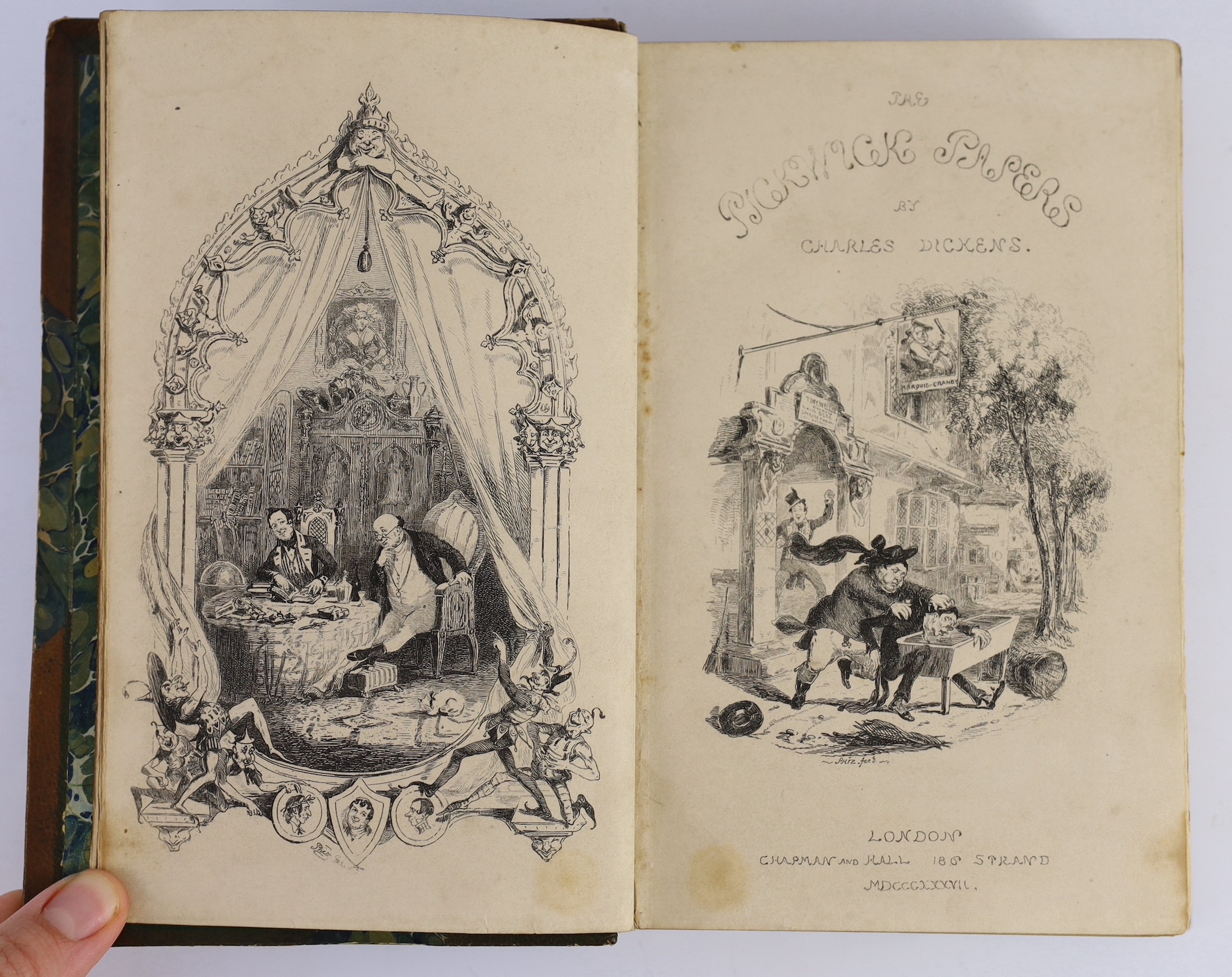 Dickens, Charles - The Posthumous Papers of the Pickwick Club. ‘’Pickwick Papers’’, 1st edition in book form, with mixed 1st state points, stab holes present, 8vo, half calf with marbled boards by Rivière & Son, with fro